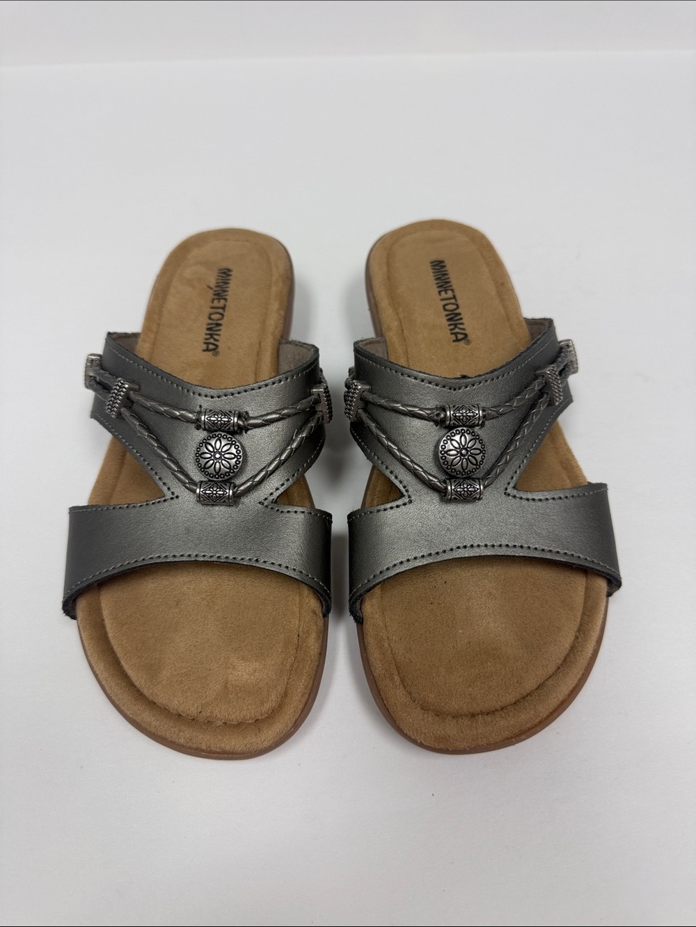 Minnetonka Metallic Gray Double-Strap Slide Sandals with Concho Detail